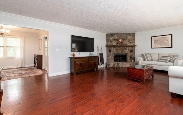 living room featuring a notable chandelier, dark hardwood / wood-style floors, and a textured ceiling