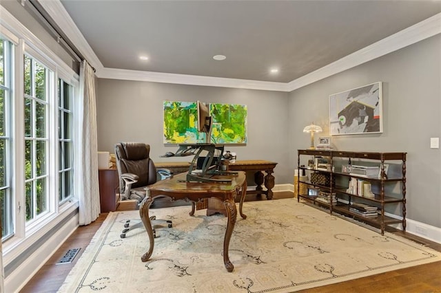 office space with dark hardwood / wood-style flooring and ornamental molding