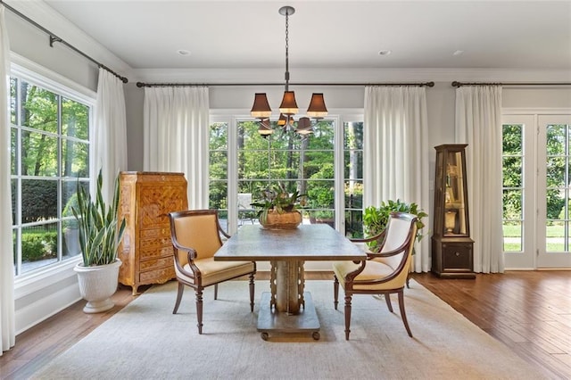 dining room featuring a chandelier, dark hardwood / wood-style flooring, and a healthy amount of sunlight