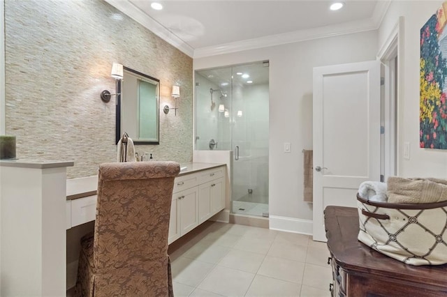 bathroom featuring walk in shower, ornamental molding, vanity, and tile flooring