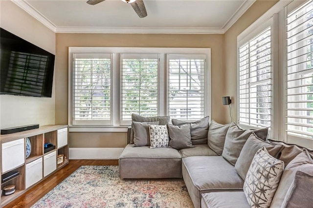 3248 W Shadowlawn Avenue Ne, Atlanta, GA 30305 - living room featuring crown molding, hardwood / wood-style floors, and ceiling fan