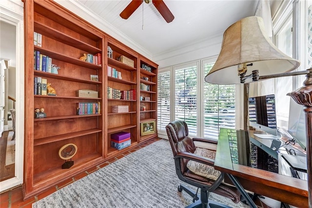 3248 W Shadowlawn Avenue Ne, Atlanta, GA 30305 - office area featuring crown molding, dark hardwood / wood-style floors, and ceiling fan