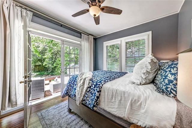 3248 W Shadowlawn Avenue Ne, Atlanta, GA 30305 - bedroom featuring access to exterior, ornamental molding, ceiling fan, and dark hardwood / wood-style flooring