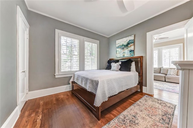 3248 W Shadowlawn Avenue Ne, Atlanta, GA 30305 - bedroom featuring ornamental molding, ceiling fan, and dark hardwood / wood-style flooring