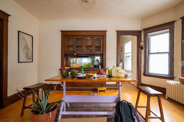 interior space with radiator and light hardwood / wood-style floors