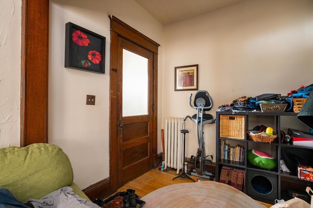entryway featuring radiator and light wood-type flooring