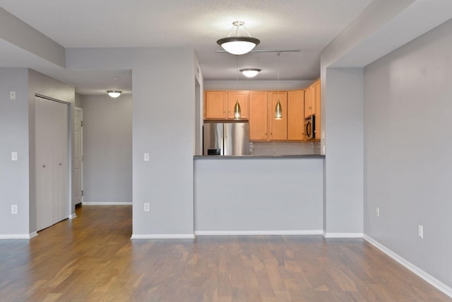 kitchen featuring dark hardwood / wood-style floors, light brown cabinets, appliances with stainless steel finishes, and rail lighting