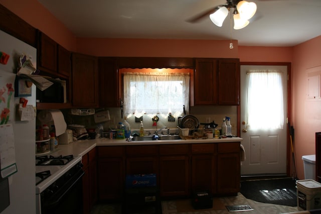 kitchen featuring white appliances, sink, ceiling fan, and a wealth of natural light