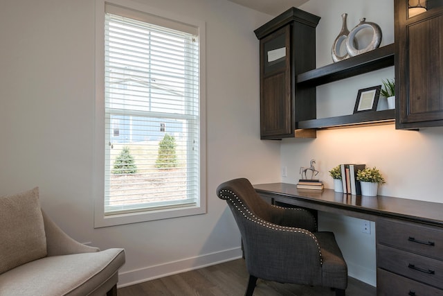 office area with built in desk, dark hardwood / wood-style floors, and a wealth of natural light