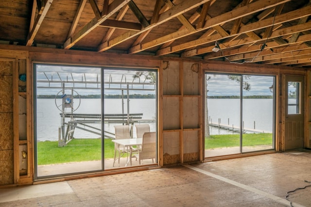 interior space with a water view