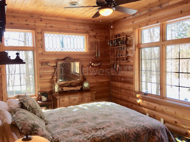 bedroom with ceiling fan and wooden ceiling