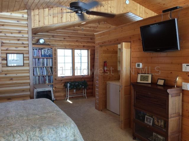 bedroom with carpet flooring, wooden ceiling, vaulted ceiling, and rustic walls