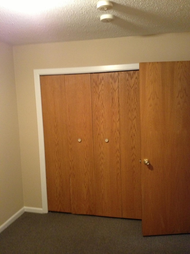 room details with a textured ceiling and dark colored carpet