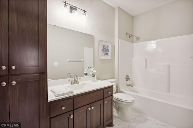 full bathroom featuring toilet, shower / washtub combination, vanity with extensive cabinet space, and tile flooring