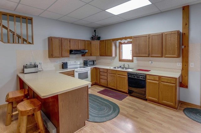 kitchen with dishwasher, a drop ceiling, electric stove, and ventilation hood