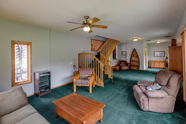 carpeted living room with ceiling fan