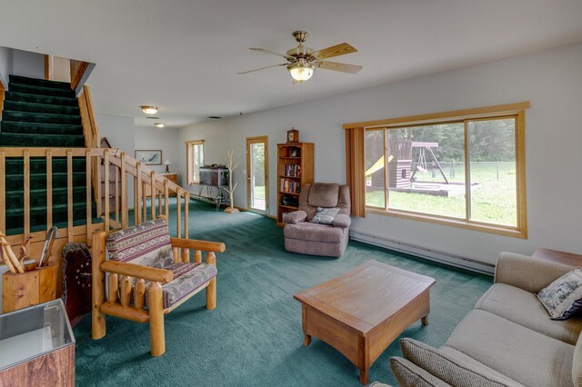 living room featuring ceiling fan, a baseboard radiator, and dark colored carpet