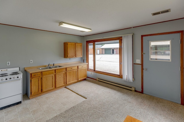 kitchen featuring light tile floors, a baseboard radiator, white range, and sink