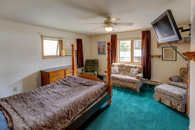 carpeted bedroom featuring ceiling fan and baseboard heating