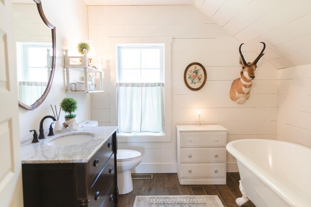 bathroom featuring wooden walls, plenty of natural light, vanity, and toilet