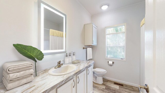 bathroom featuring hardwood / wood-style floors, oversized vanity, and toilet