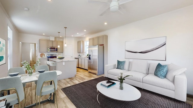 living room featuring light hardwood / wood-style floors, ceiling fan, sink, and crown molding