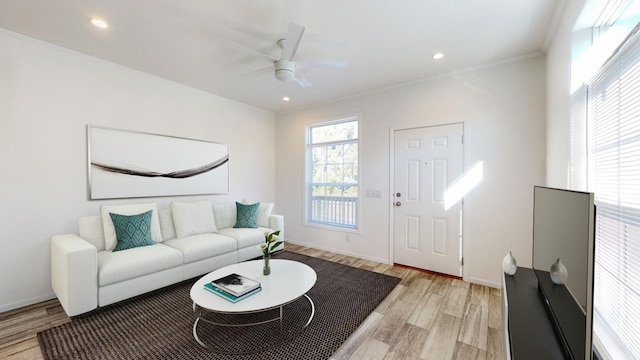 living room with ornamental molding, light hardwood / wood-style flooring, and ceiling fan