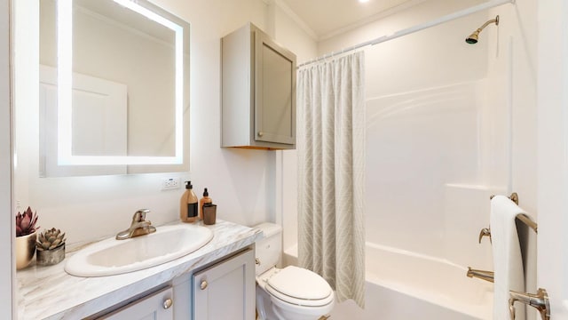 full bathroom with ornamental molding, vanity, shower / bath combo with shower curtain, and toilet