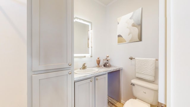 bathroom featuring wood-type flooring, toilet, and vanity