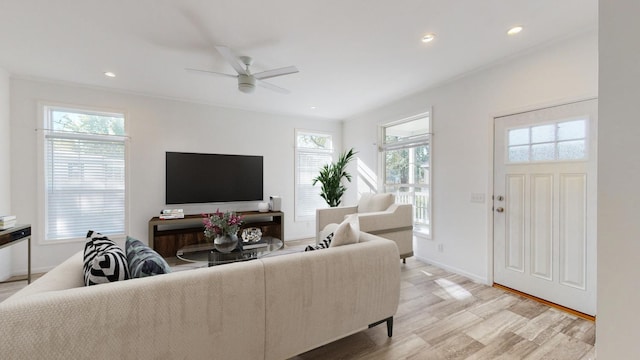 3611 85th St NW Unit 242, Oronoco Twp, MN 55960 - living room featuring light wood finished floors, a ceiling fan, and recessed lighting