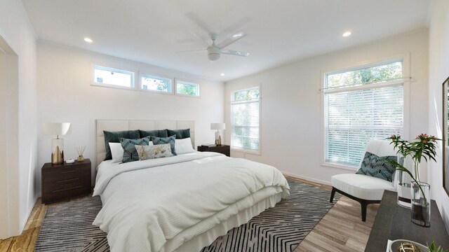 3611 85th St NW Unit 242, Oronoco Twp, MN 55960 - bedroom featuring light wood-type flooring, baseboards, ceiling fan, and recessed lighting