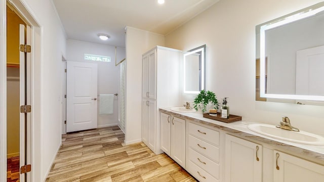 3611 85th St NW Unit 242, Oronoco Twp, MN 55960 - full bath with a sink, double vanity, a closet, and wood finished floors