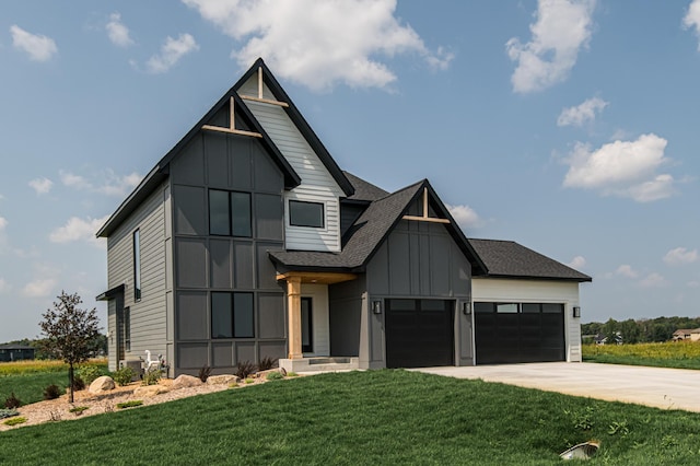 modern farmhouse style home with a front yard