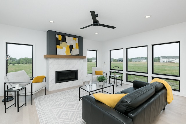 2811 Wildflower Ln SW, Rochester, MN 55902 - living area featuring recessed lighting, a premium fireplace, light wood-style floors, and a ceiling fan