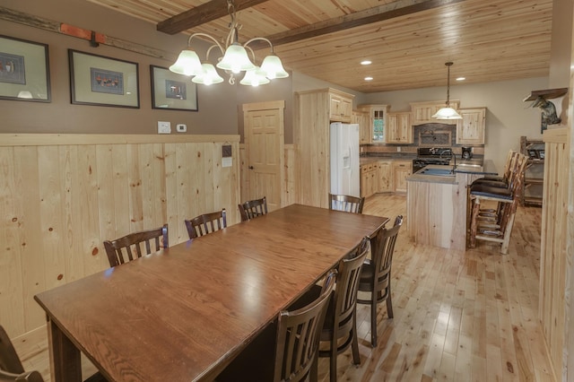 dining room featuring beam ceiling, a chandelier, wooden ceiling, and light wood-type flooring