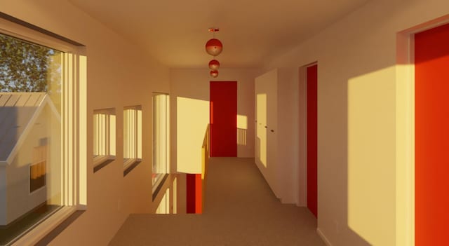 corridor with light colored carpet