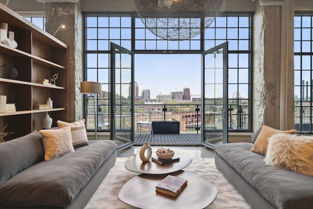 living room with a high ceiling