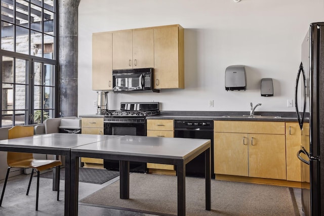 kitchen with black appliances, light brown cabinets, and sink