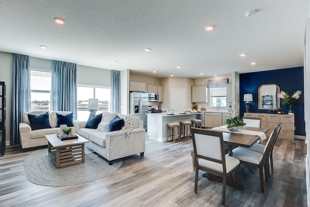 living room featuring a textured ceiling and light wood-type flooring