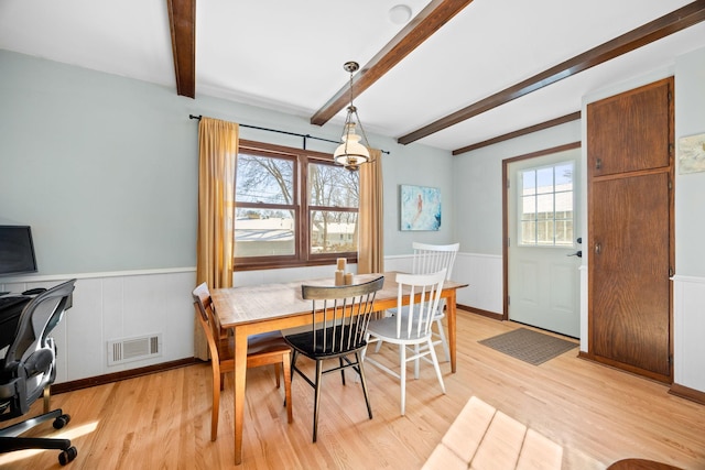 625 5th Ave S, Hopkins, MN 55343 - dining space featuring beam ceiling, wainscoting, light wood finished floors, and an office area