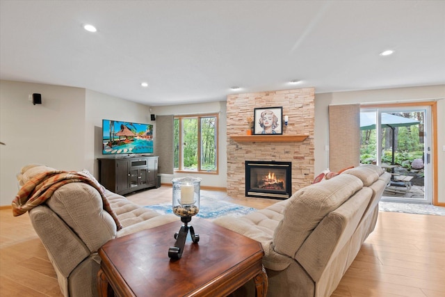 living room with a healthy amount of sunlight, light wood-type flooring, and a fireplace