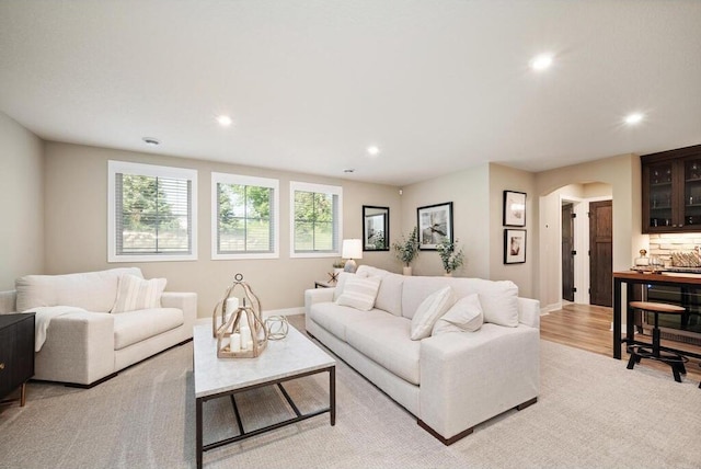 living room with light hardwood / wood-style floors and a healthy amount of sunlight