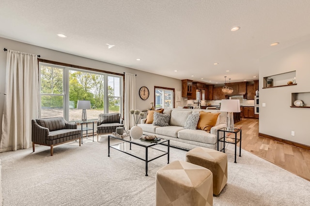 living room featuring light hardwood / wood-style floors and a textured ceiling