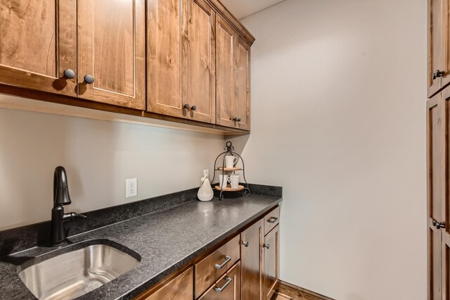 kitchen with sink and dark stone countertops