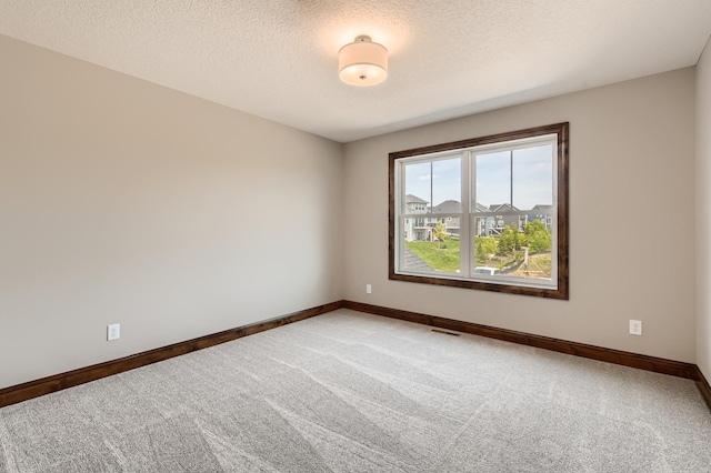 unfurnished room featuring a textured ceiling and carpet