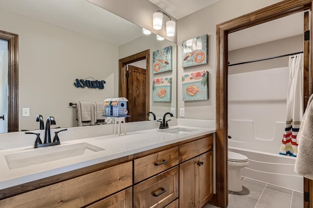 full bathroom with vanity, toilet, shower / bath combination with curtain, and tile patterned floors