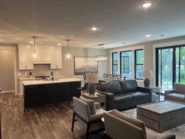 living room with sink, a textured ceiling, a chandelier, and dark hardwood / wood-style flooring