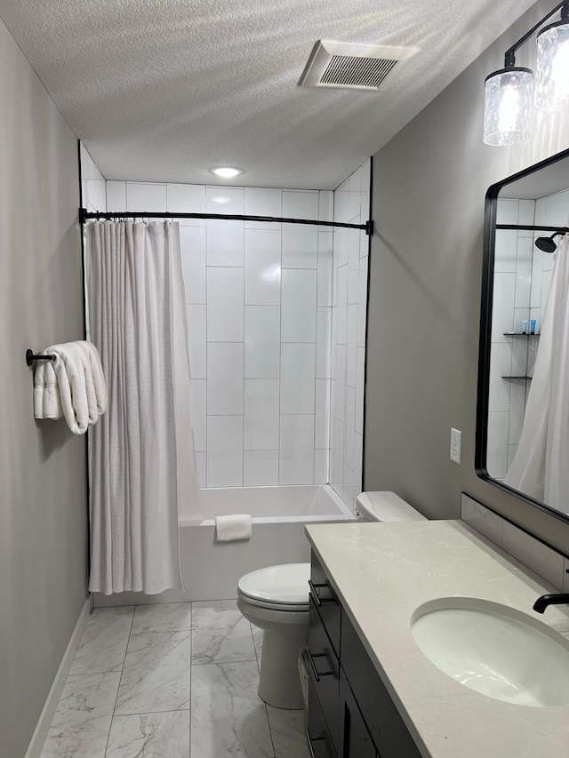 full bathroom with tile flooring, toilet, a textured ceiling, shower / bathtub combination with curtain, and large vanity