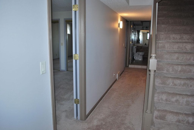 hall featuring light carpet and a textured ceiling