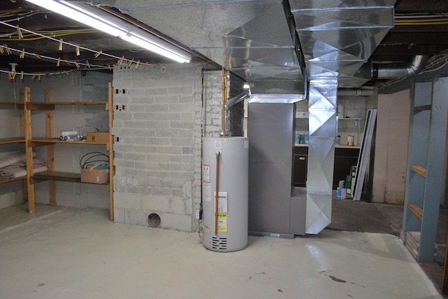 basement with water heater and heating utilities